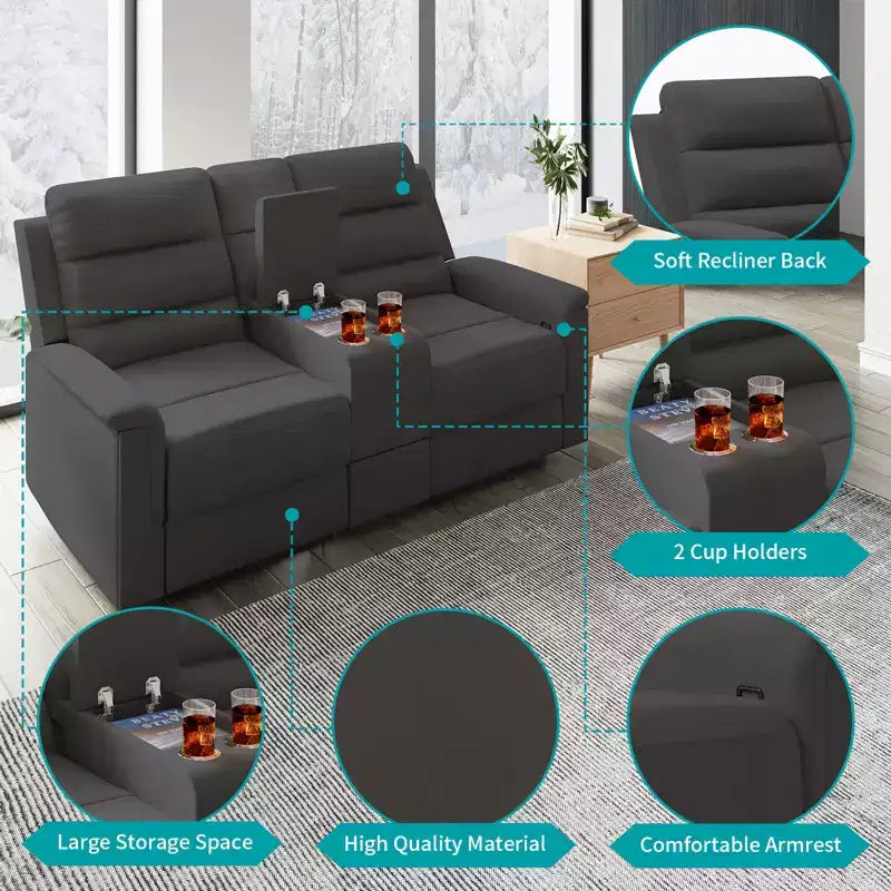 Beige/Gray Tech Fabric Reclining Loveseat Sofa, 2-Seat, Adjustable Backrest & Footrest