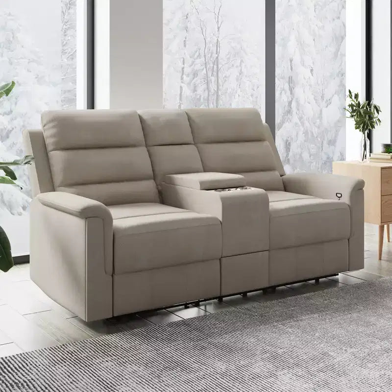Beige/Gray Tech Fabric Reclining Loveseat Sofa, 2-Seat, Adjustable Backrest & Footrest