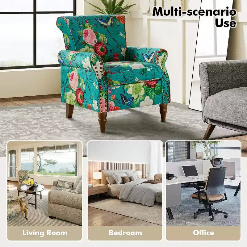 Araceli Traditional Wooden Upholstered Floral Armchair with Wingback and Nailhead Trim| ART OF LIVING DESIGNS