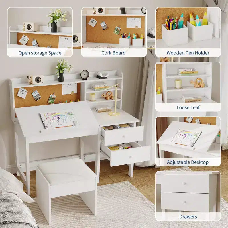Kids Desk and Chair Set, Wooden Study Table with Adjustable Tilt Desktop, Drawers & Cork Board - Children School Learning Desk Set