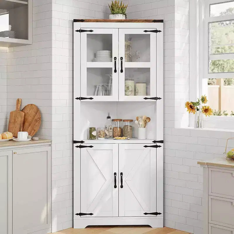 69 Tall Corner Cabinet, Farmhouse Corner Storage Cabinet, Space Saving Storage, Glass Door, Adjustable Shelves, for Living Room, Kitchen