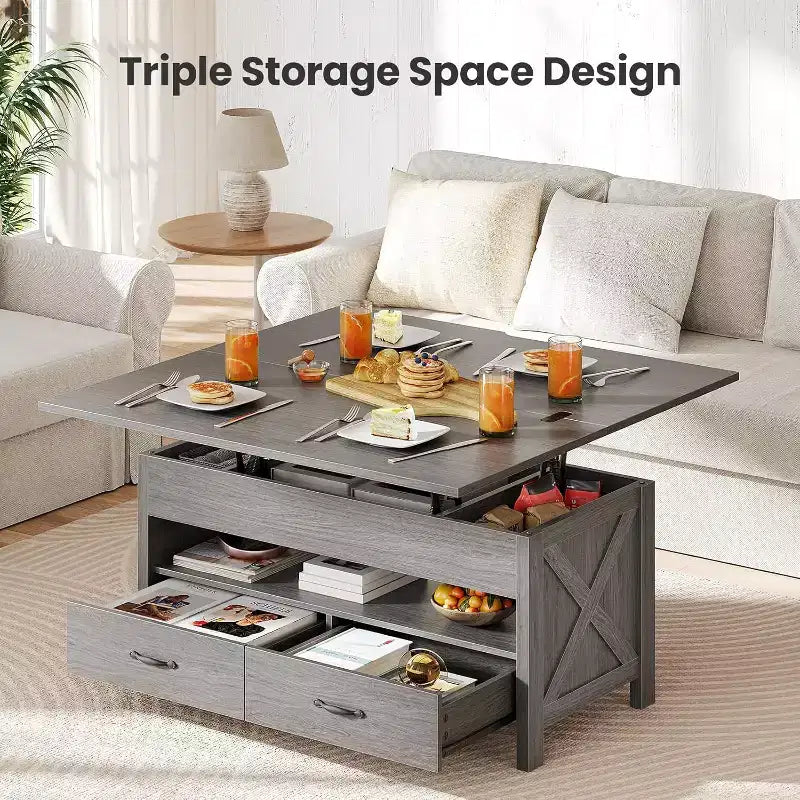 Lift up coffee table with storage space, farmhouse style coffee table, coffee table with two drawers, living room and home office coffee table