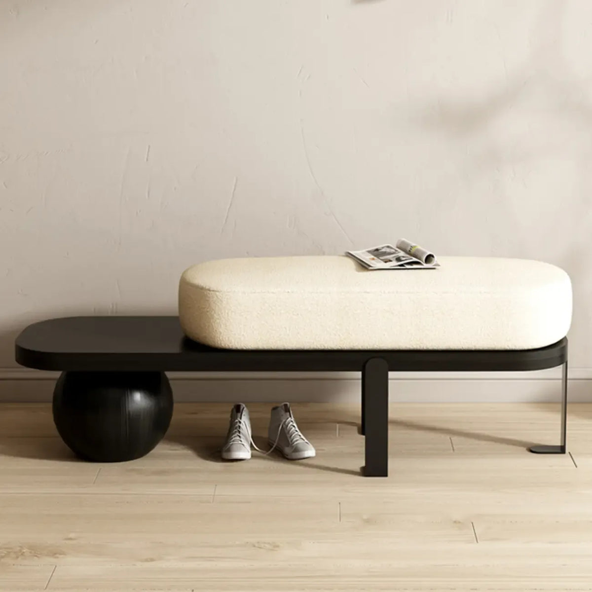 Modern Wooden Beige Upholstered Short Bench