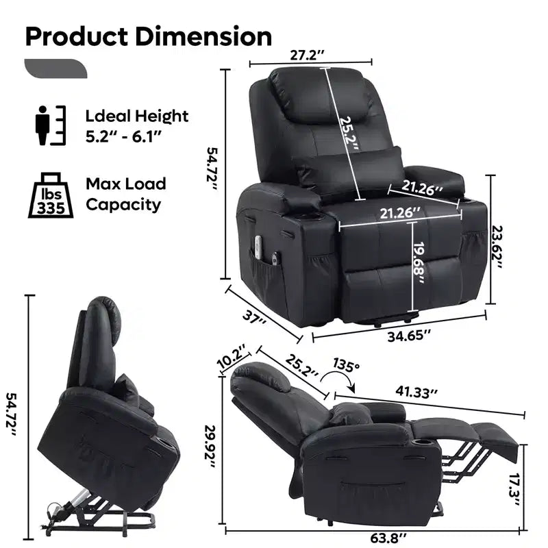 Bestier 34.6'' Electric Power Lift Asist Recliner Chair with Massage and Heat, Fax Leather Reclining Chair with Side Pockets & Cup Holders