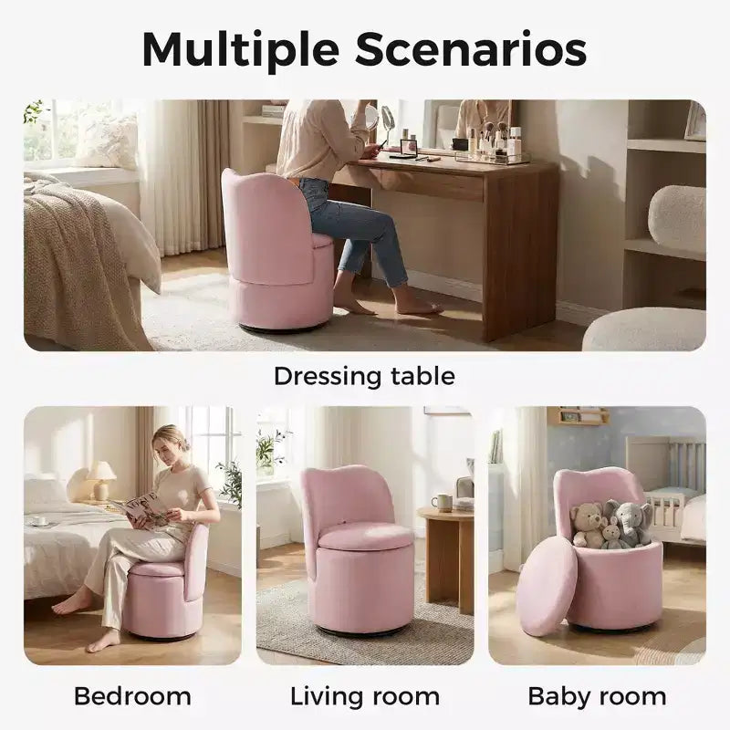 Swivel Vanity Chair with Storage, Upholstered Round Makeup Stool with Back, Soft Padded Barrel Accent Armchair for Bedroom & Living Room