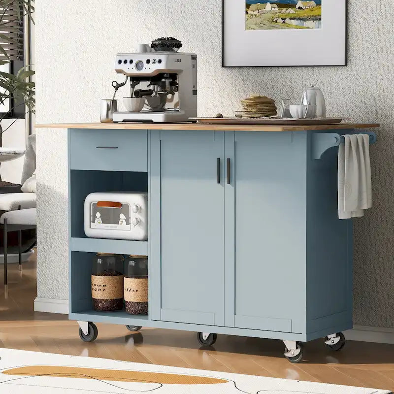 Îlot de cuisine avec plan de travail pliable, desserte de rangement de cuisine avec étagère coulissante, porte-serviettes et tiroir, roulettes.