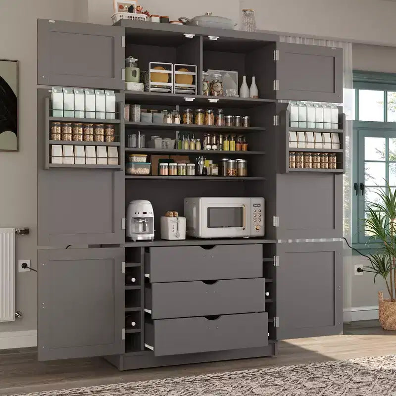 Tall Kitchen Pantry Cabinet with Power Outlets, Large Freestanding Cupboard with Microwave Stand, Drawers, Shelves, Wine Racks & Door-Shelf