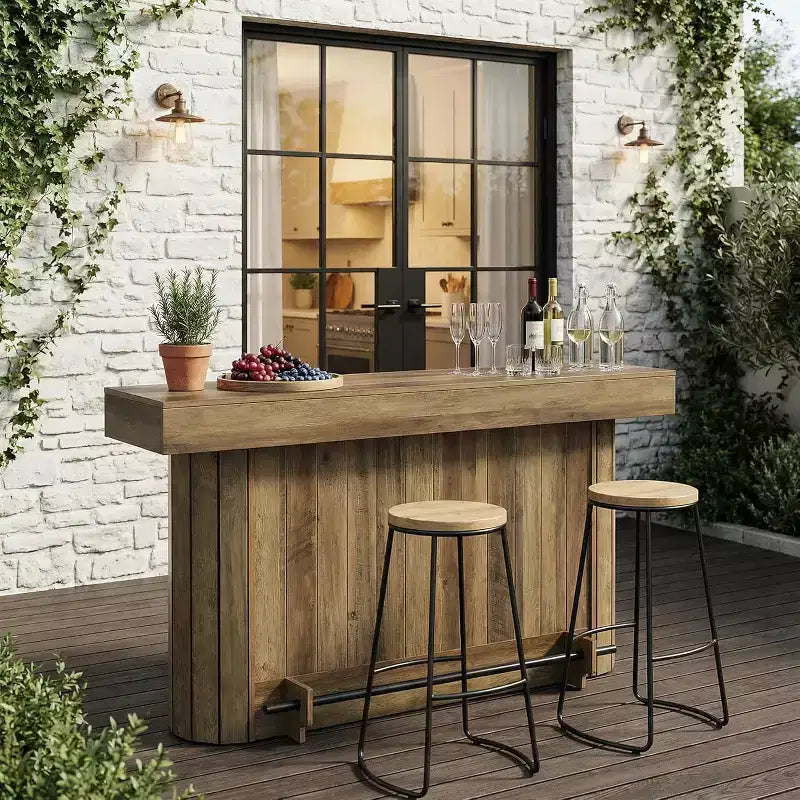 Table de bar Lantine, meuble de bar en bois de 160 cm avec repose-pieds en métal, table de bistrot avec étagères de rangement pour salon, bistrot, salle à manger (marron)