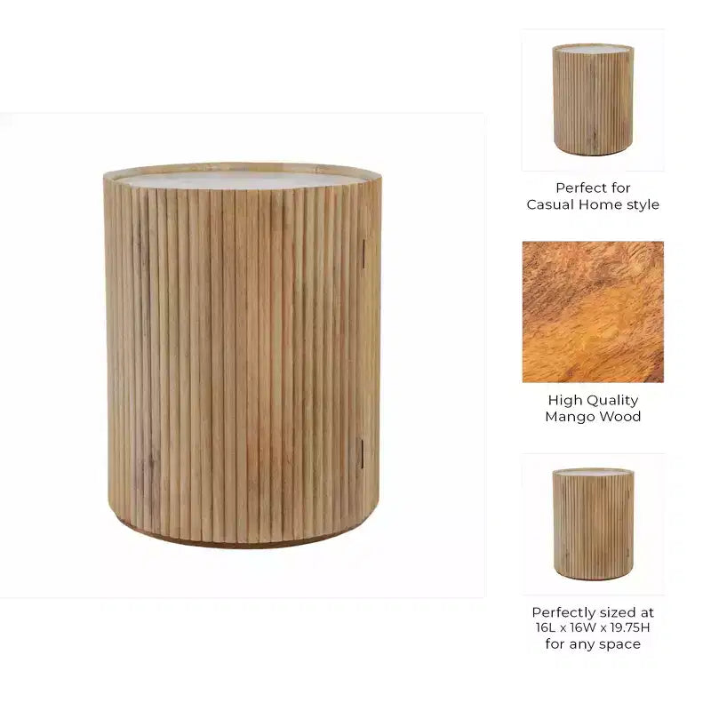 Decorative Ribbed Wooden Side Table with Marble Top and Storage - Small Home Decor Table Stand for Bedroom or Living Room Decor