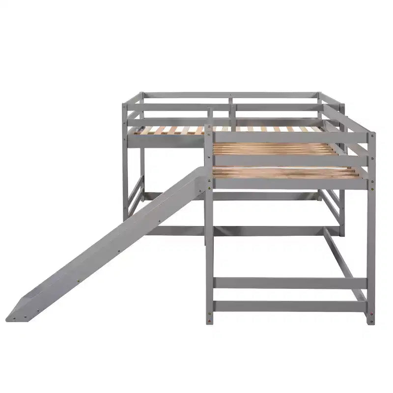 L Shaped Bunk Bed for 4 Kids, Quad Bunk Bed with Slide Full and Twin Wood Bunk Frame for Bedroom Dorm
