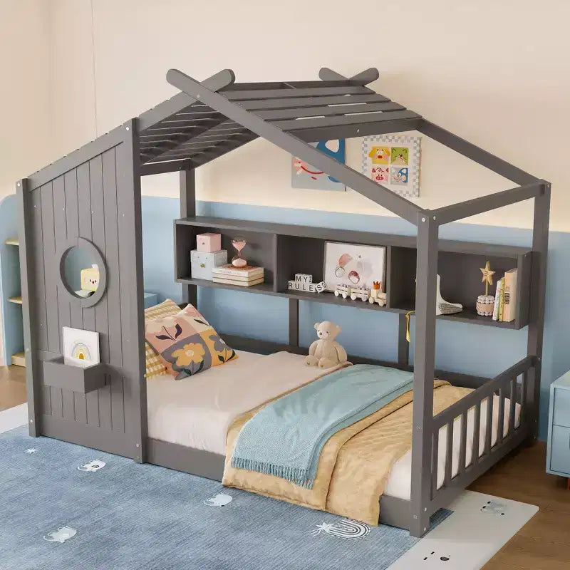 Floor House Bed with Built-In Storage Shelves & Slatted Roof