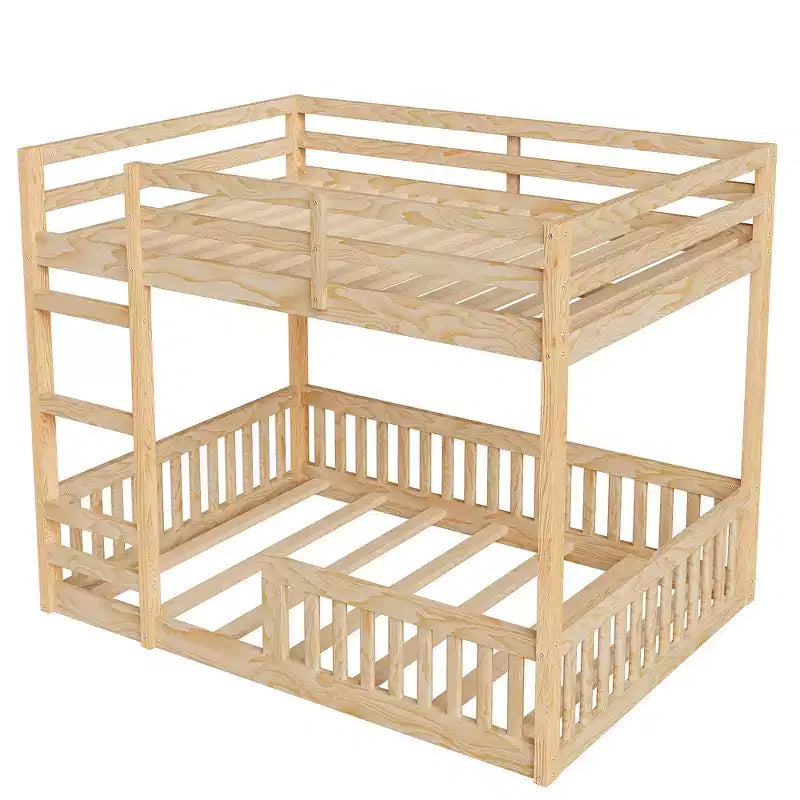 Full over Full Wooden Bunk Bed with Ladder and Guardrails, Low Floor Full Size Bunk Beds with Slats Support