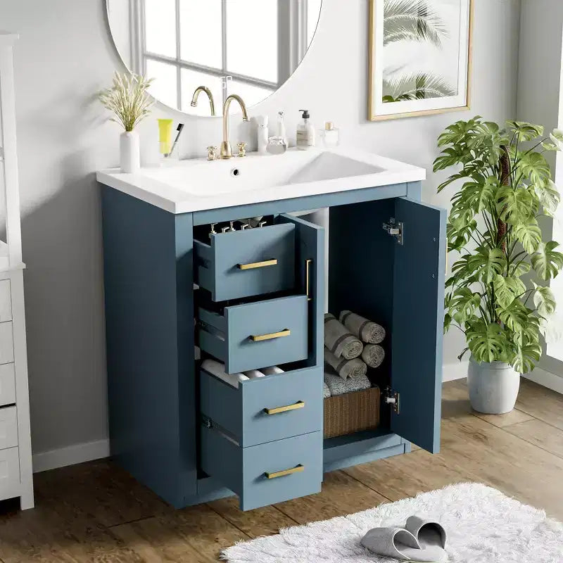 Meuble-lavabo de salle de bain à évier simple de 76 cm avec armoire et 3 tiroirs – Noir / Bleu / Vert / Indigo / Blanc
