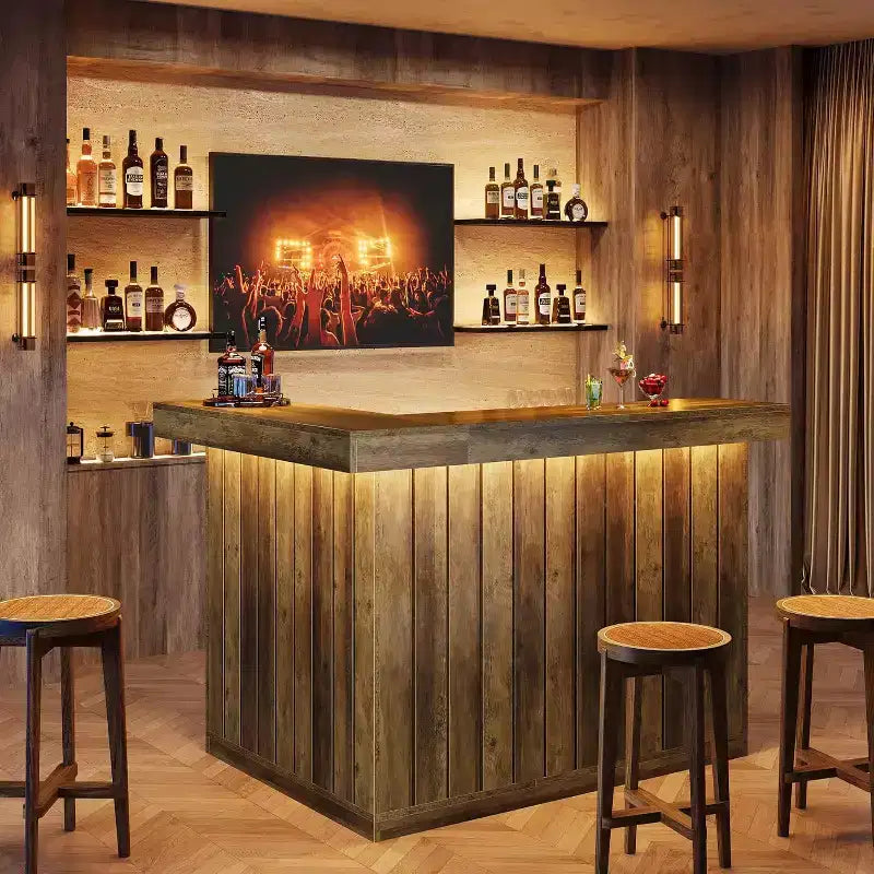 Lantine L-Shaped Home Bar Unit, 4-Tier Corner Liquor Bar Table with Storage Shelves and Wine Glasses Holder for Home Pub