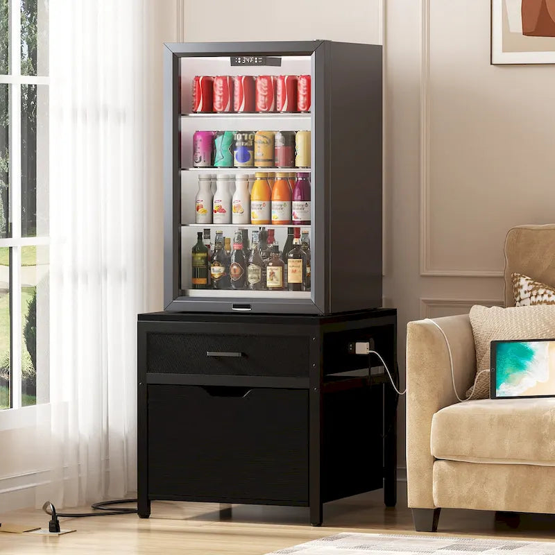 Mini Fridge Stand with Charge Station, Side/ End Table with Storage Drawers and Rolling Cabinet