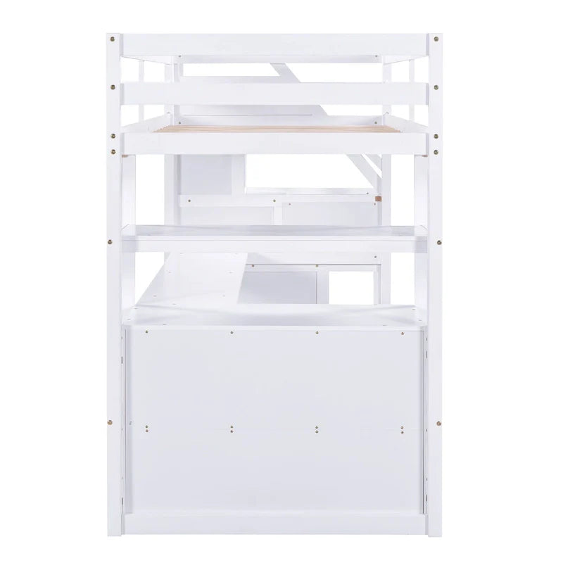 Twin Size Loft Bed with Desk and Shelves, Two Built-in Drawers, Storage Staircase