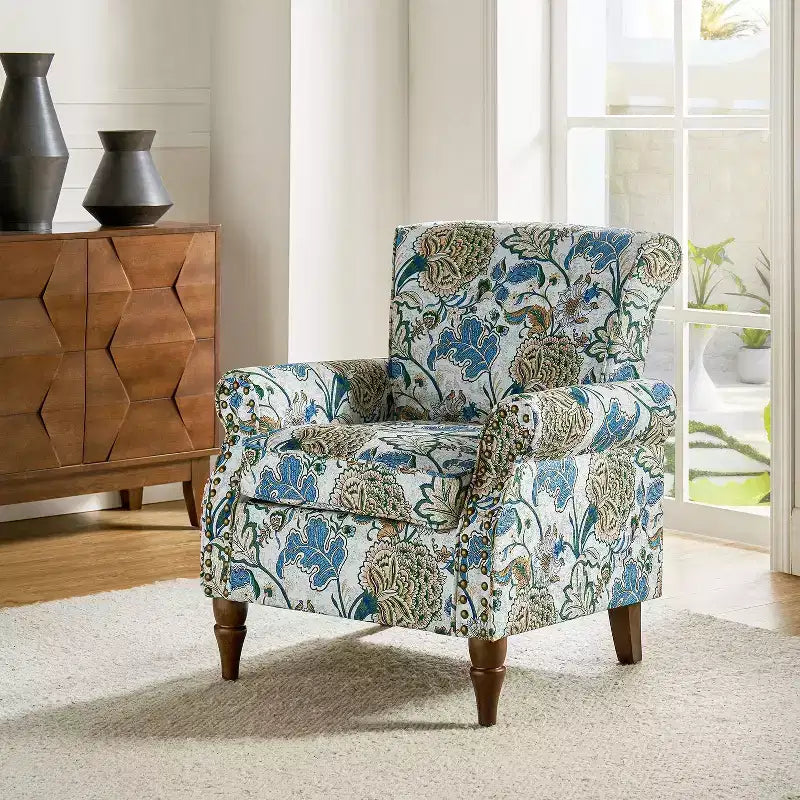 Araceli Traditional Wooden Upholstered Floral Armchair with Wingback and Nailhead Trim| ART OF LIVING DESIGNS
