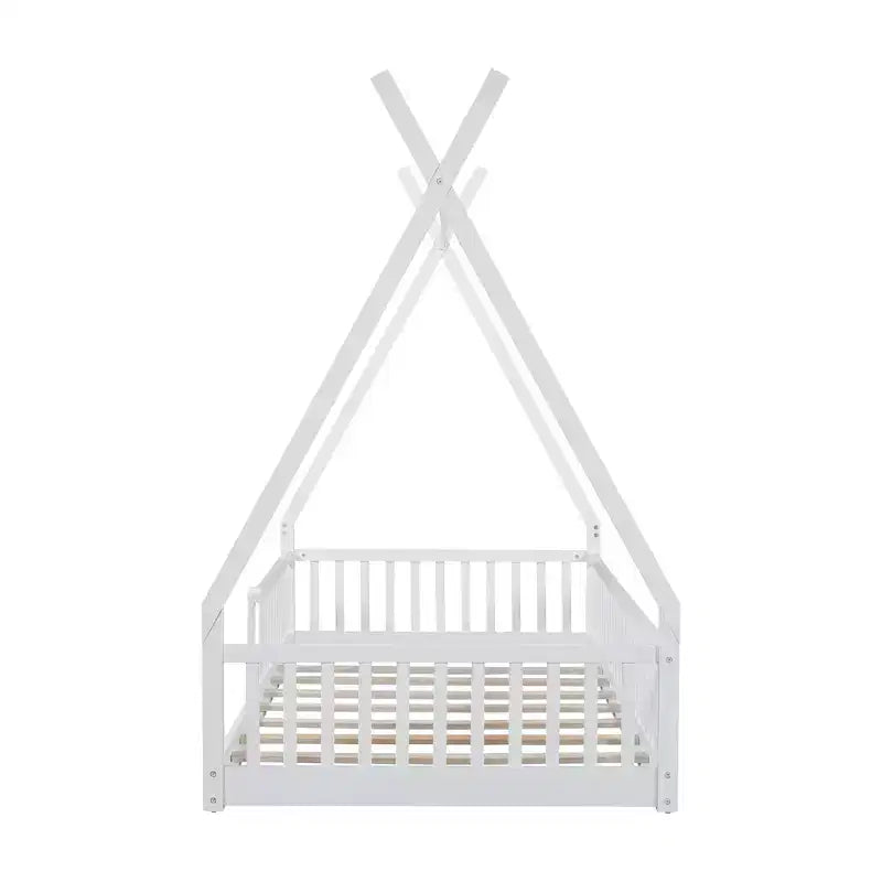 Floor Bed for Kids, Twin Size Tent Beds, Montessori Floor Bed with Slats and Fence Rails, Wood House Bed Frame for Boys Girls