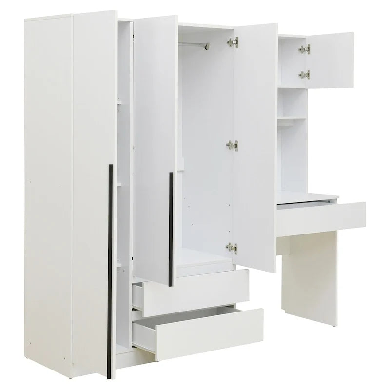Armoire-penderie 3-en-1 avec coiffeuse, ensemble de bureau, armoire de chambre avec 2 tiroirs, armoire-penderie à 3 portes avec espace de rangement