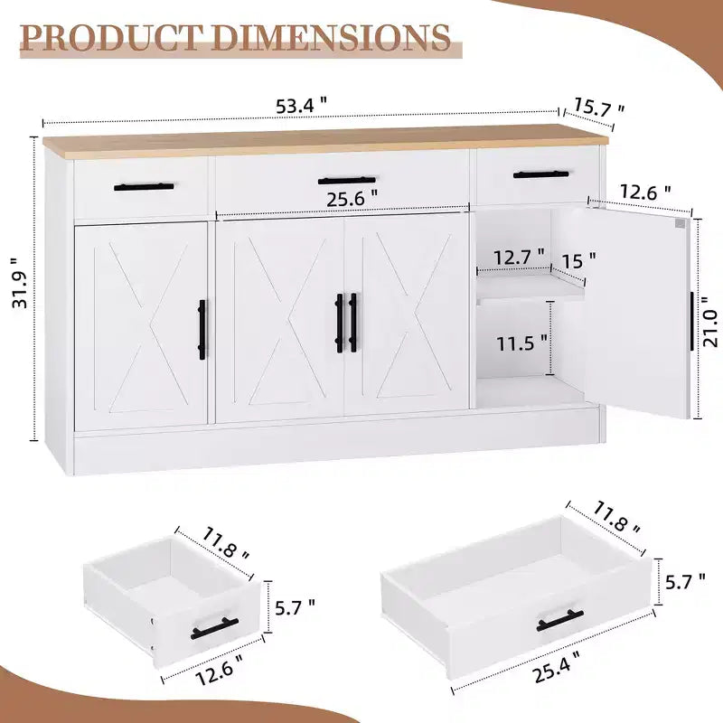 Celebalcony Buffet Cabinet with Storage,53.4 Large Kitchen Storage Cabinet with 3 Drawers & 4 Doors, Adjustable Shelf for Kitchen,Living Room