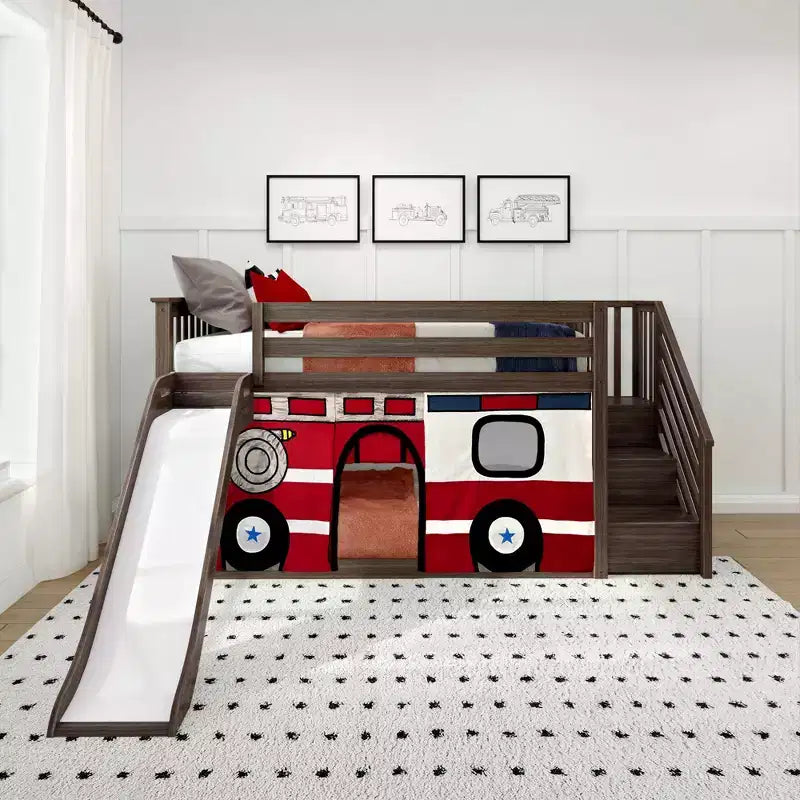 Low Twin over Twin Bunk With Stairs, Easy Slide & Firetruck Curtain