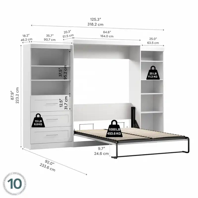 Murphy Bed and Two Shelving Units with Drawers 126-Inch Wall Bed