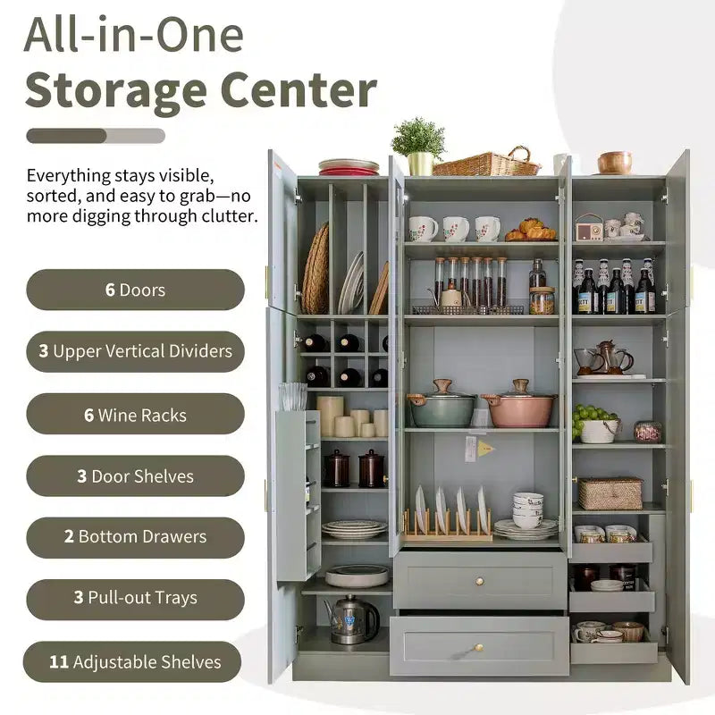 Whisen 71''H Freestanding Kitchen Storage Pantry, Large Dining Storage Cabinet Cupboard Sideboards With 6 Doors, Adjustable Shelves