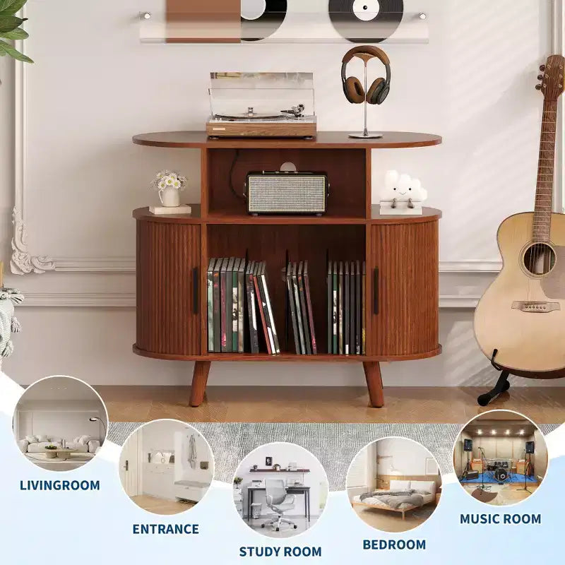 Mid-Century Modern Record Player Stand, Wooden Turntable Shelf, Open Vinyl Storage Cabinet, for Living Room, Bedroom