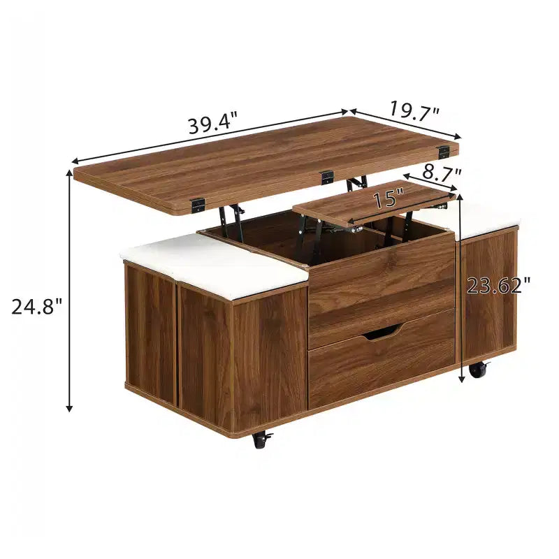 Multi-Function Modern Lift-Top Coffee Table with Hidden Storage, 4 Stools and Casters, Perfect for Modern Living Spaces