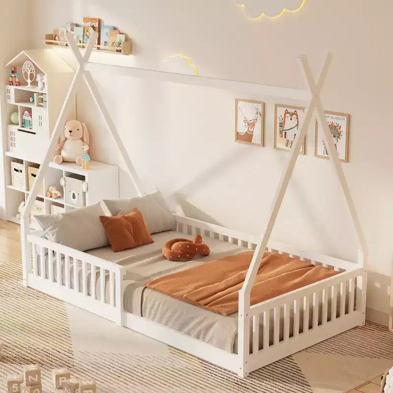 Floor Bed for Kids, Twin Size Tent Beds, Montessori Floor Bed with Slats and Fence Rails, Wood House Bed Frame for Boys Girls