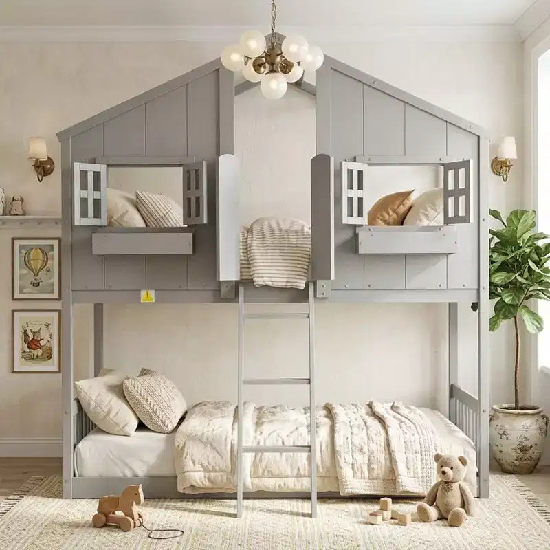 Twin Size House-Shaped Loft Bed, Wood Playhouse Loft Bed with Ladder & Guardrails for Kids