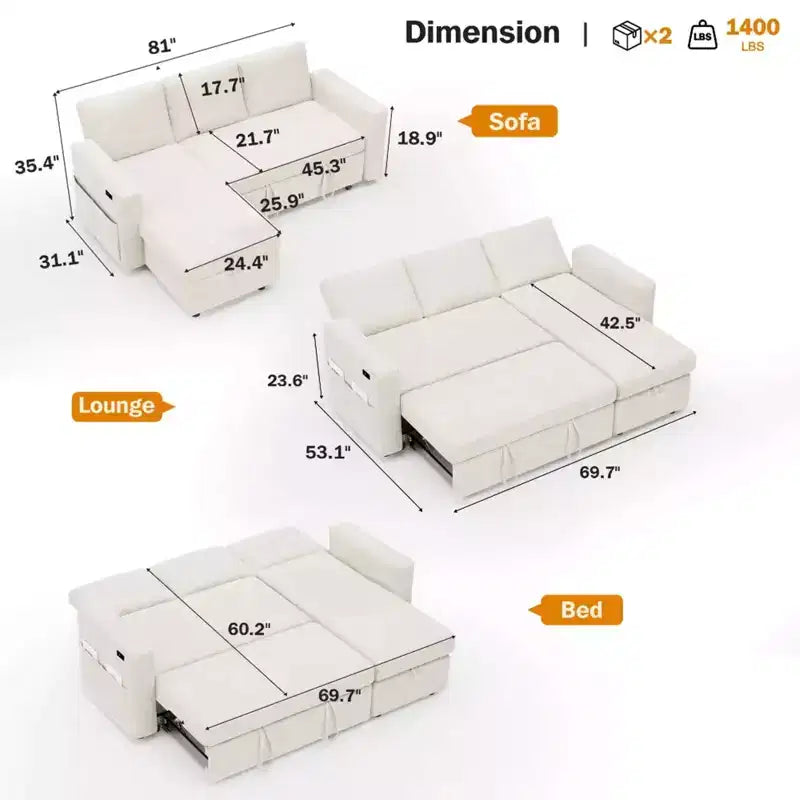 2-in-1 Pull Out Sleeper Sofa with Storage Chaise, Chenille Sectional Couch with USB Ports for Living Room