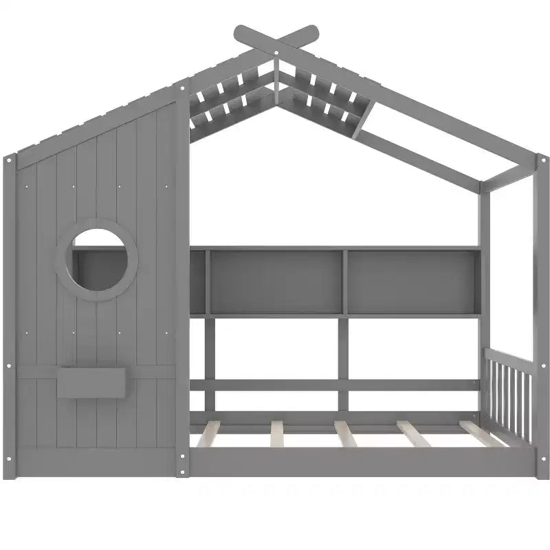 Floor House Bed with Built-In Storage Shelves & Slatted Roof