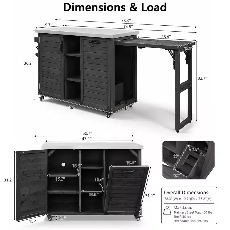 78.3-Inch Outdoor Kitchen Island with Stainless Steel Countertop, Foldable BBQ Station, and Storage Cabinets, Black