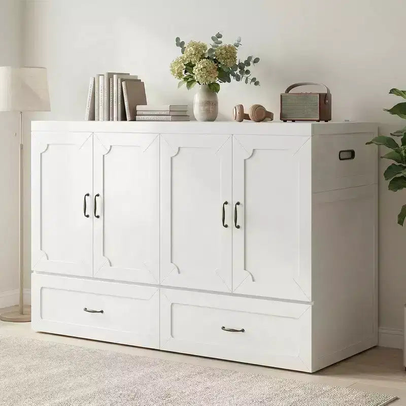 Mjkone Queen Size Convertible Murphy Cabinet Bed with Mattress, USB Charging, Storage Drawers
