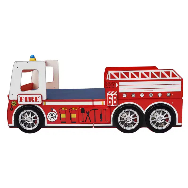 GDFStudio Juna Twin Size Fire Truck Bed with LED Light