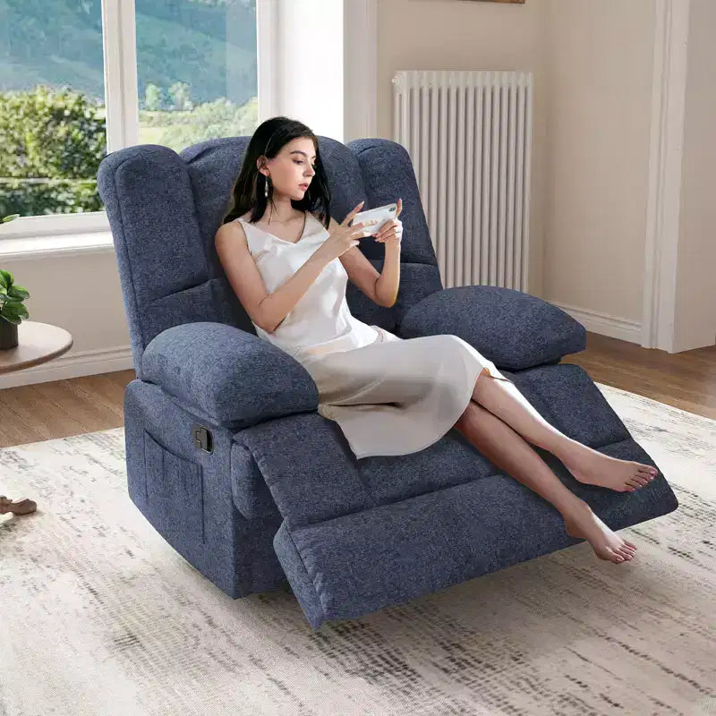 Blue Oversized Rocking Recliner Chair with Chenille Upholstery