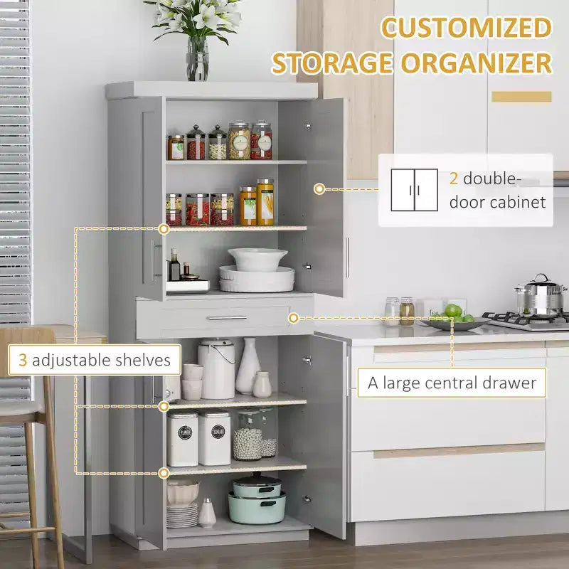 Modern Kitchen Pantry Freestanding Cabinet Cupboard with Doors and Drawer, Adjustable Shelving