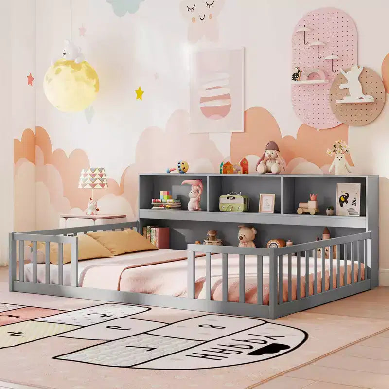 Twin/Full Size Montessori Floor Bed with Bookcase Storage Shelves & Safety Fence Rails White/Gray