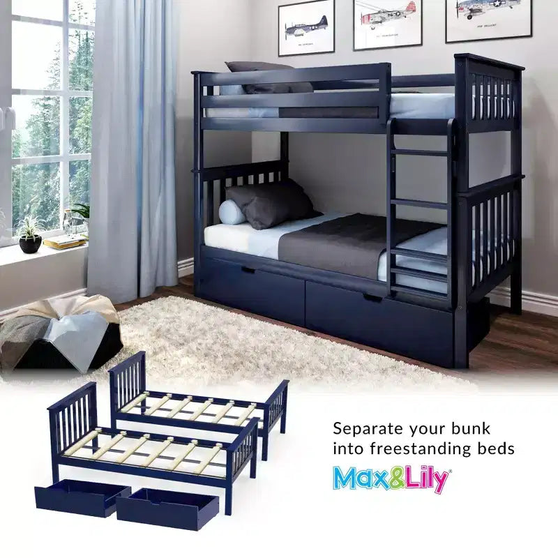 Solid Wood Twin over Twin Bunk Bed for Kids with Underbed Storage Drawers