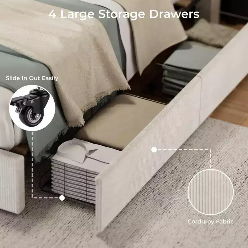 CuisinSmart Corduroy Bed Frame with Headboard, Platform Upholstered Bed Frame with 4 Storage Drawers and Wooden Slats Support