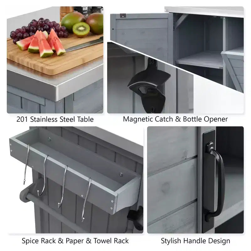 FAMYYT 78.3-Inch Outdoor Kitchen Island with Stainless Steel Countertop, Foldable BBQ Station, and Storage Cabinets, Grey Blue