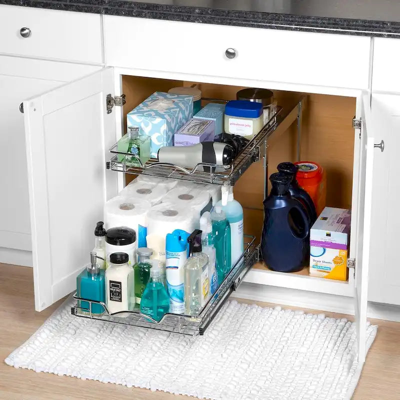 Pull Out Cabinet Organizer 2 Tier  Heavy Duty Metal with Lifetime Limited Warranty - Anti Rust Chrome Finish