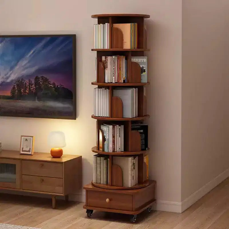 Chic Crate 6-Tier 360 Rotating Corner Bookshelf with Wheels, Narrow Bookcase for Small Spaces  Walnut Brown