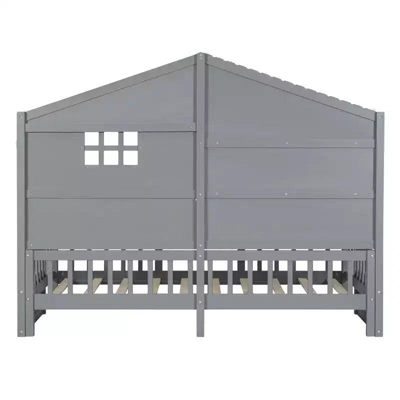 Lit cabane double avec étagères de rangement et barrières, cadre de lit Montessori en bois pour enfants avec fenêtre et bande lumineuse scintillante