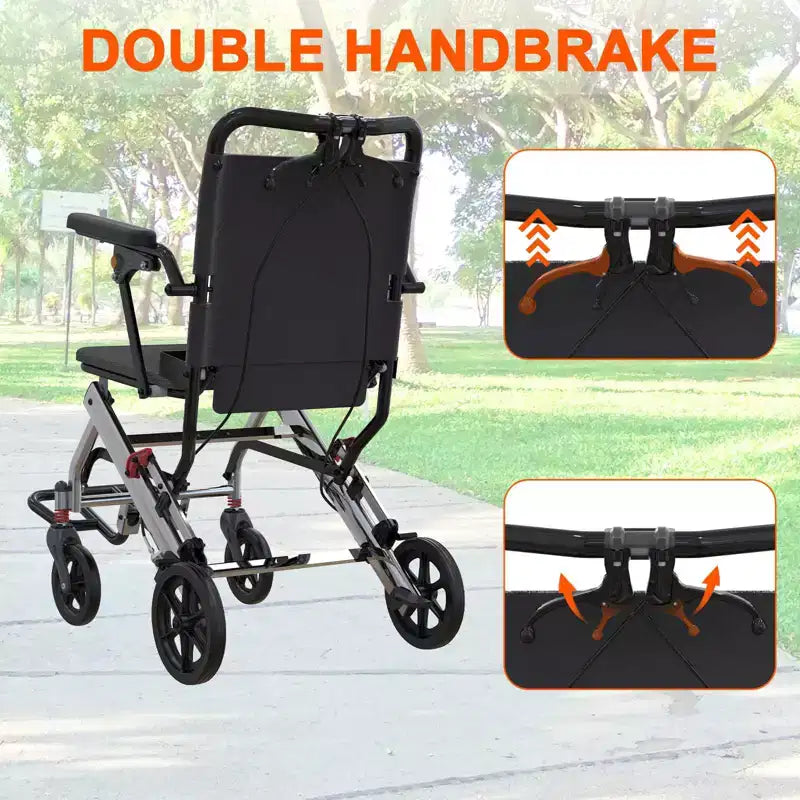 Ultra Lightweight Elderly Transport Wheelchair Portable Lightweight Folding Transport Chair, with Locking Handbrake, Removable Flip Armrests