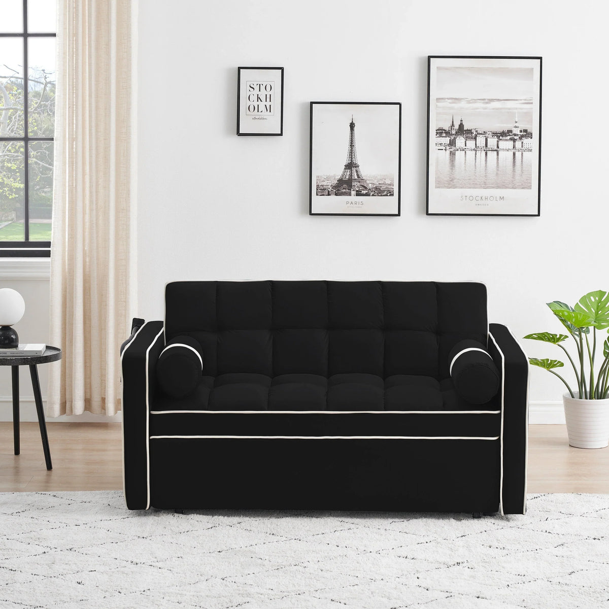 Velvet Convertible 55'' 2-Seater Sleeper Sofa with Pull-Out Bed, Adjustable Recline, Side Pockets, and Phone Holder