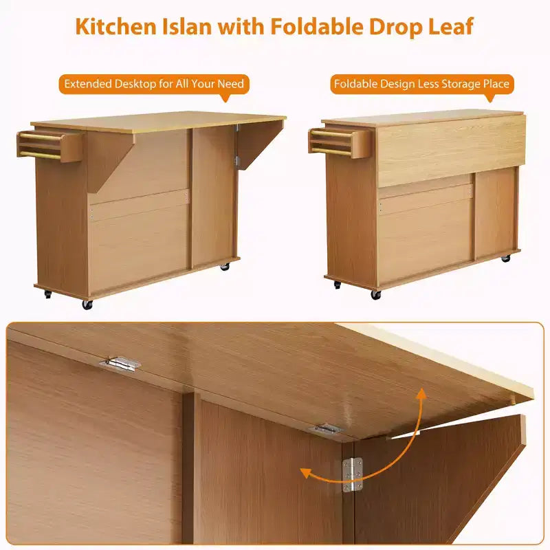 55 Mobile Island Table with Power Outlet & Drop Leaf, Kitchen Rolling Island Kitchen Island Cart with Trash Storage Cabinet for Kitchen