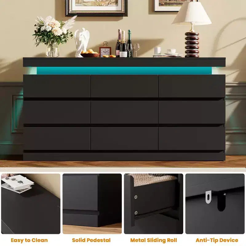 9 Drawer Dresser for Bedroom, Chest of Drawers with Charging Station & LED Lights, Double Wooden Closet Storage Cabinet, Modern Dresser TV Stand
