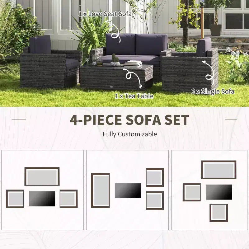 4 Pieces Rattan Sofa Set Wicker Patio Sofa Set with Loveseat Chairs Glass Top Coffee Table for Garden Outdoor